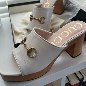GUCCI Womens Houdan Leather Horsebit Platform Wood Clog Mule Sandals NEW